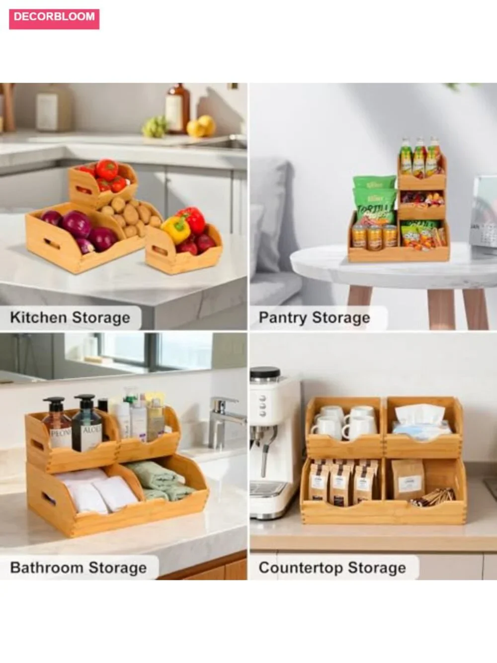 Bamboo Pantry Storage Bins Stackable Fruit Vegetable Basket Organizer